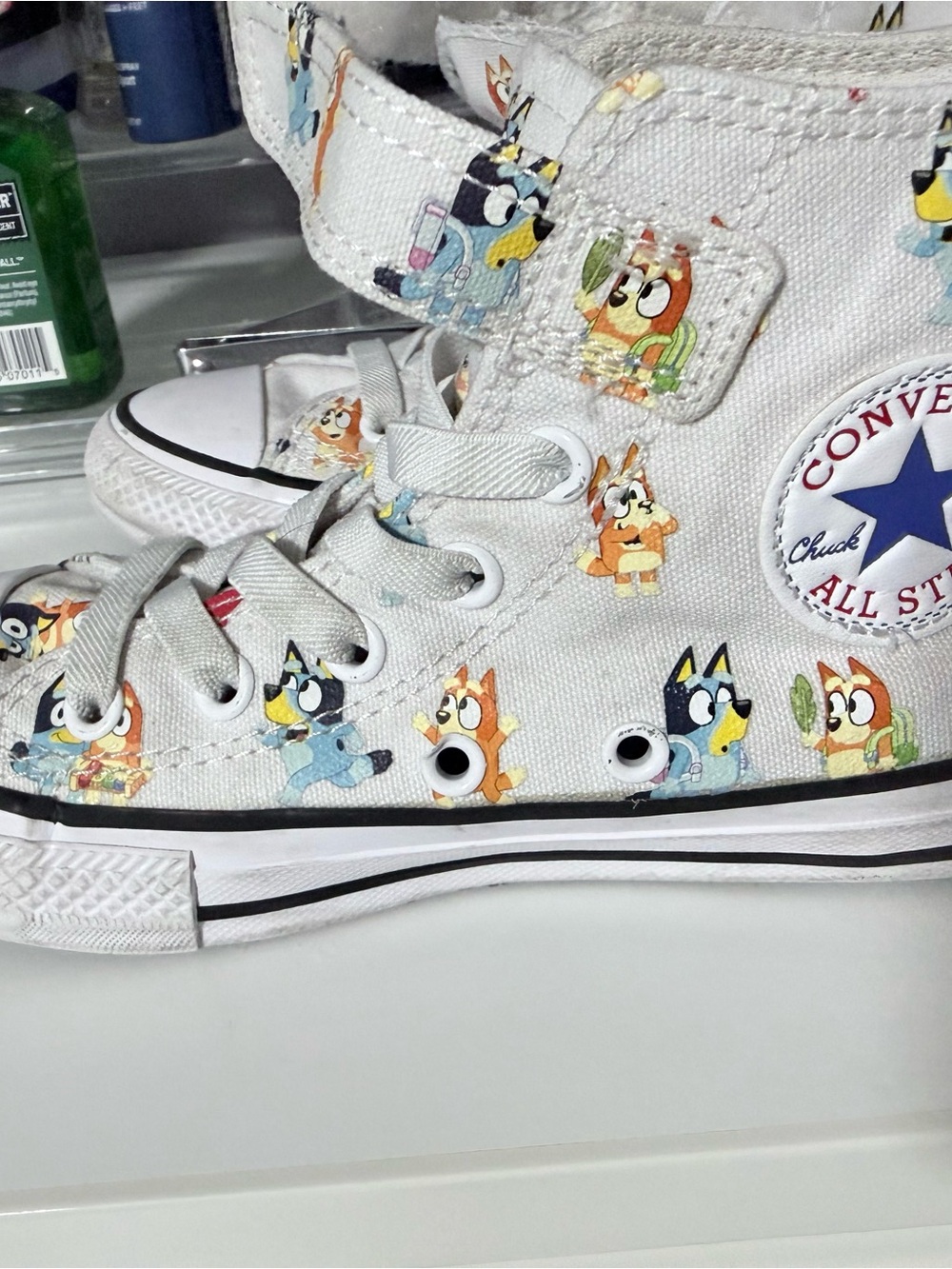 Converse White High Top Sneakers with Blue Cartoon Insole